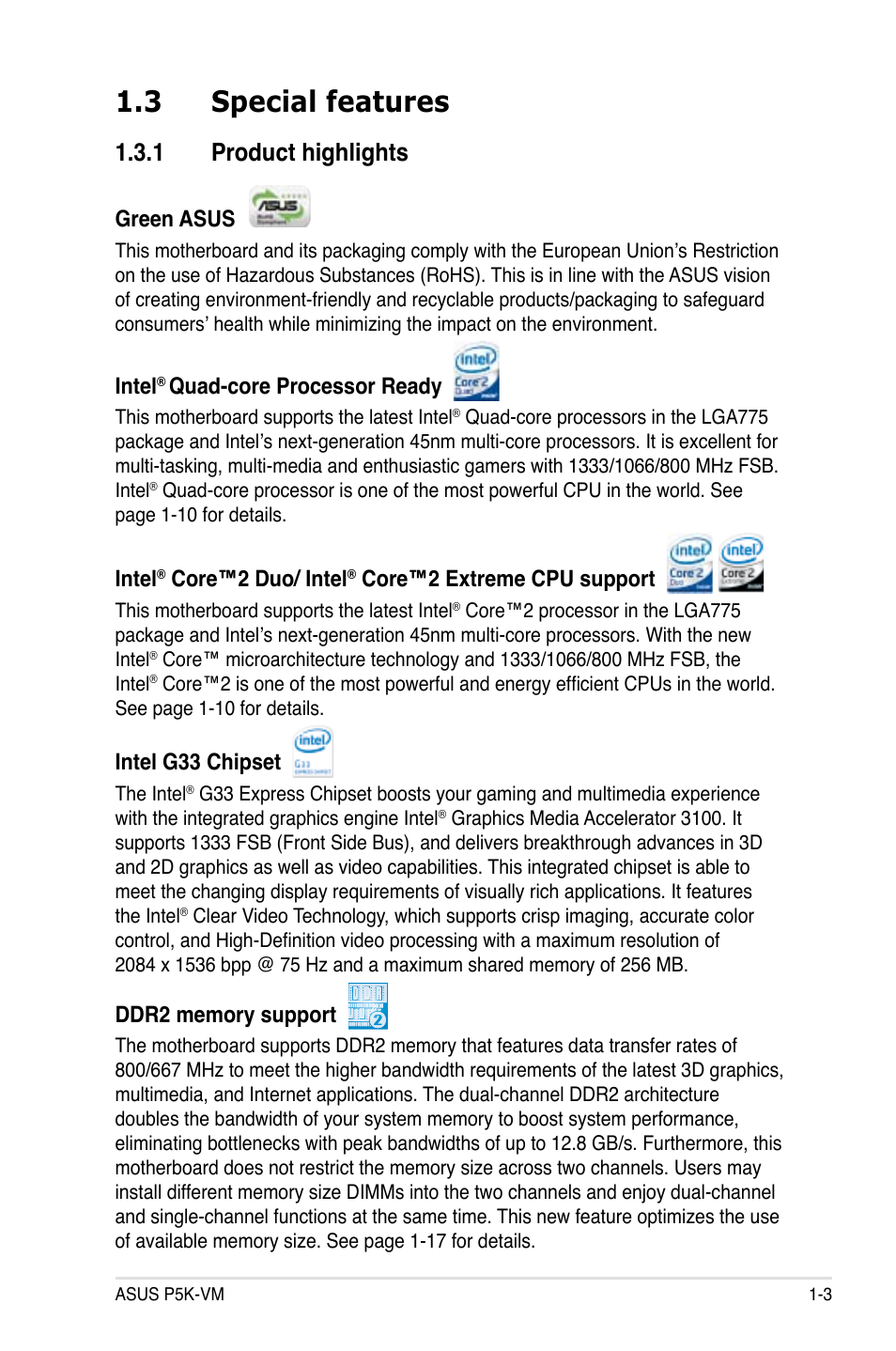 3 special features, 1 product highlights, Green asus | Intel, Quad-core processor ready, Core™2 duo/ intel, Core™2 extreme cpu support, Intel g33 chipset | Asus P5K-VM User Manual | Page 15 / 98