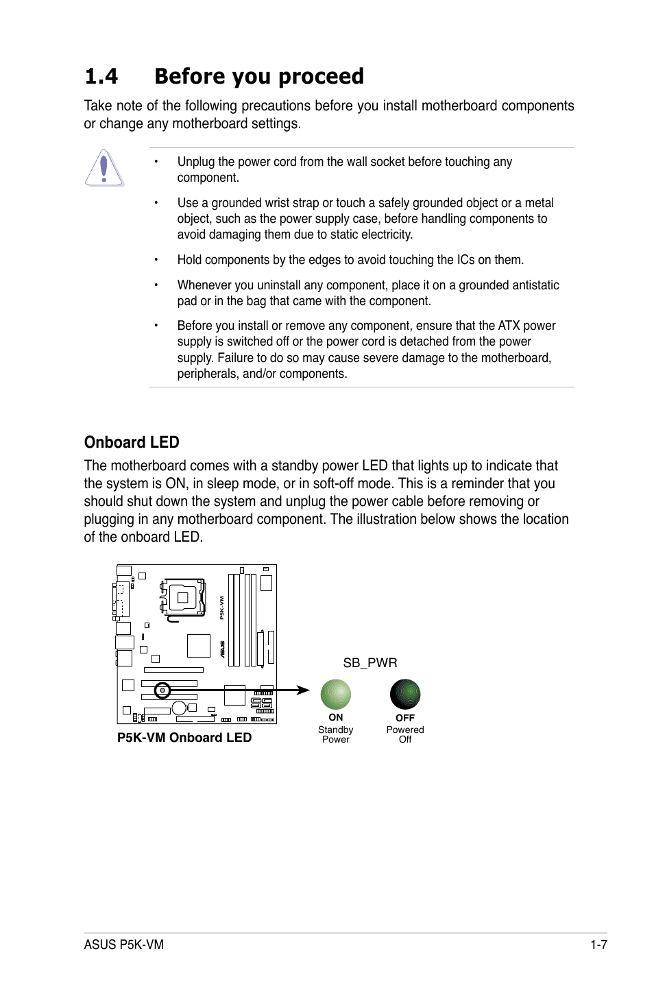 4 before you proceed, Onboard led | Asus P5K-VM User Manual | Page 19 / 98