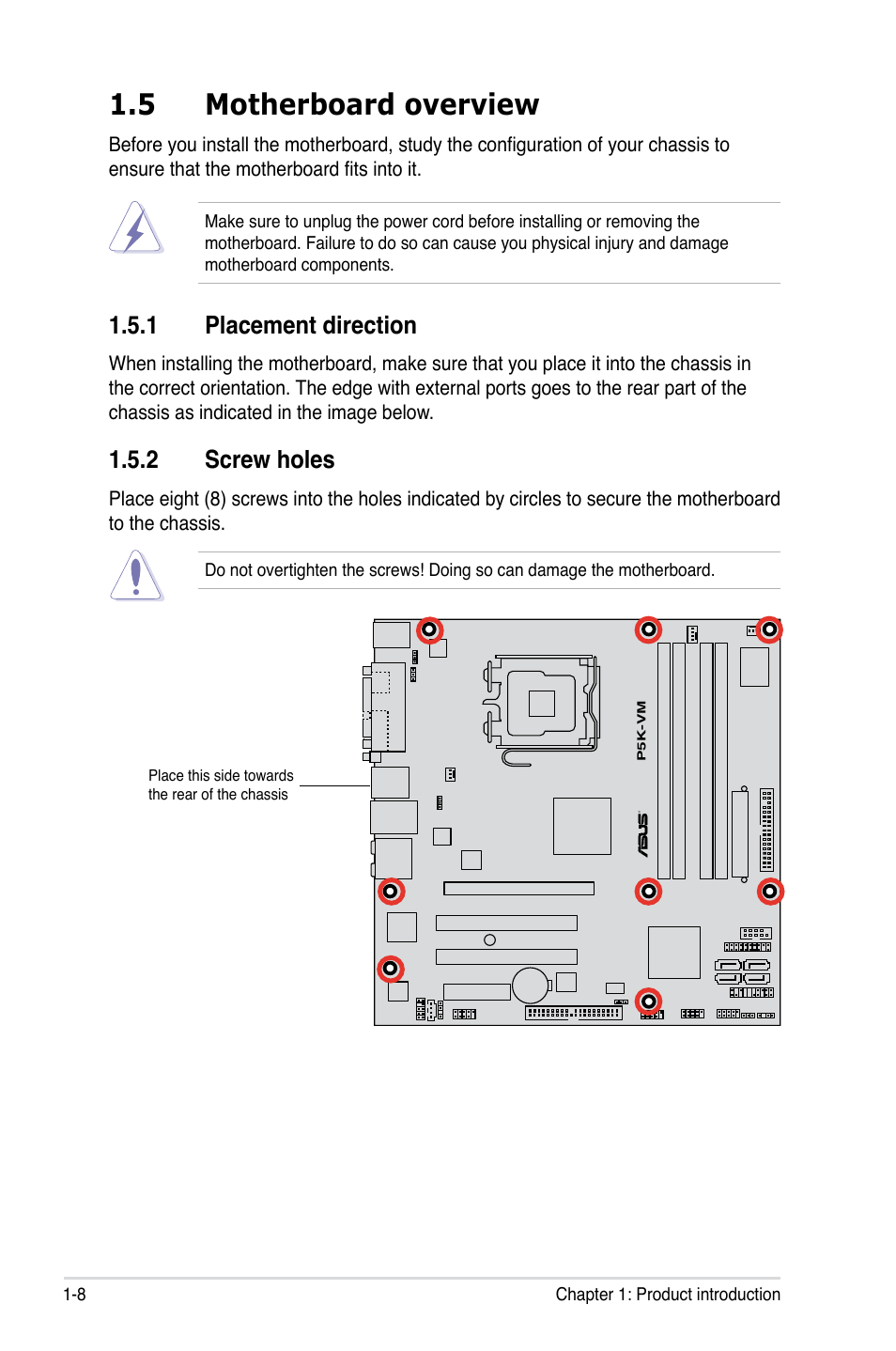 5 motherboard overview, 1 placement direction, 2 screw holes | Asus P5K-VM User Manual | Page 20 / 98