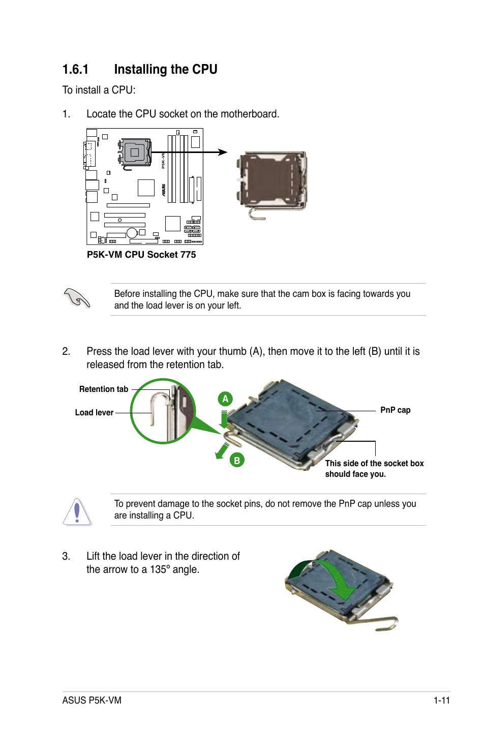 1 installing the cpu | Asus P5K-VM User Manual | Page 23 / 98