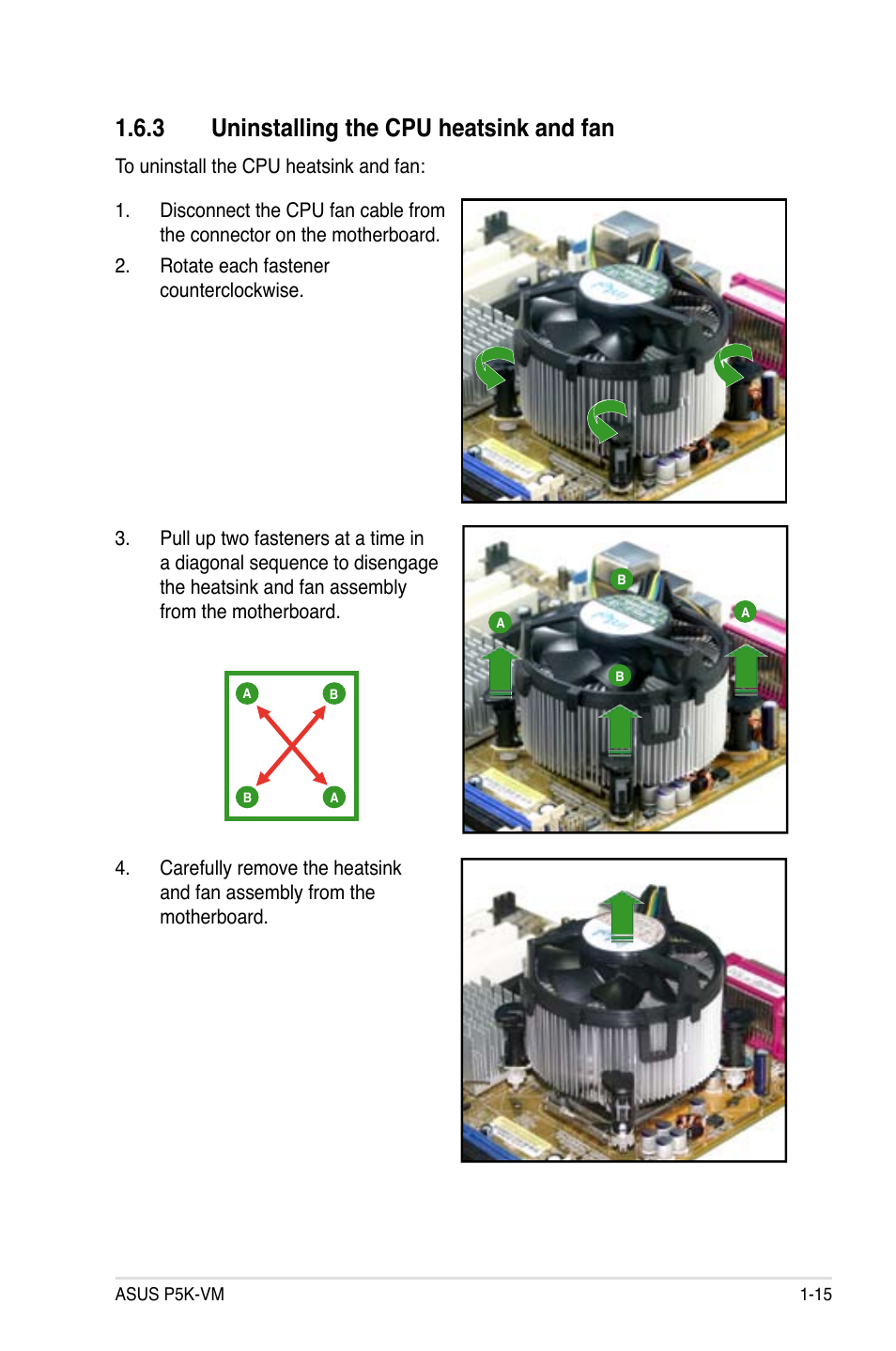 3 uninstalling the cpu heatsink and fan | Asus P5K-VM User Manual | Page 27 / 98