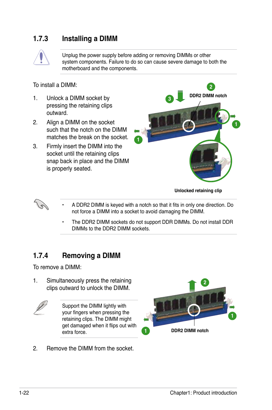 3 installing a dimm, 4 removing a dimm | Asus P5K-VM User Manual | Page 34 / 98