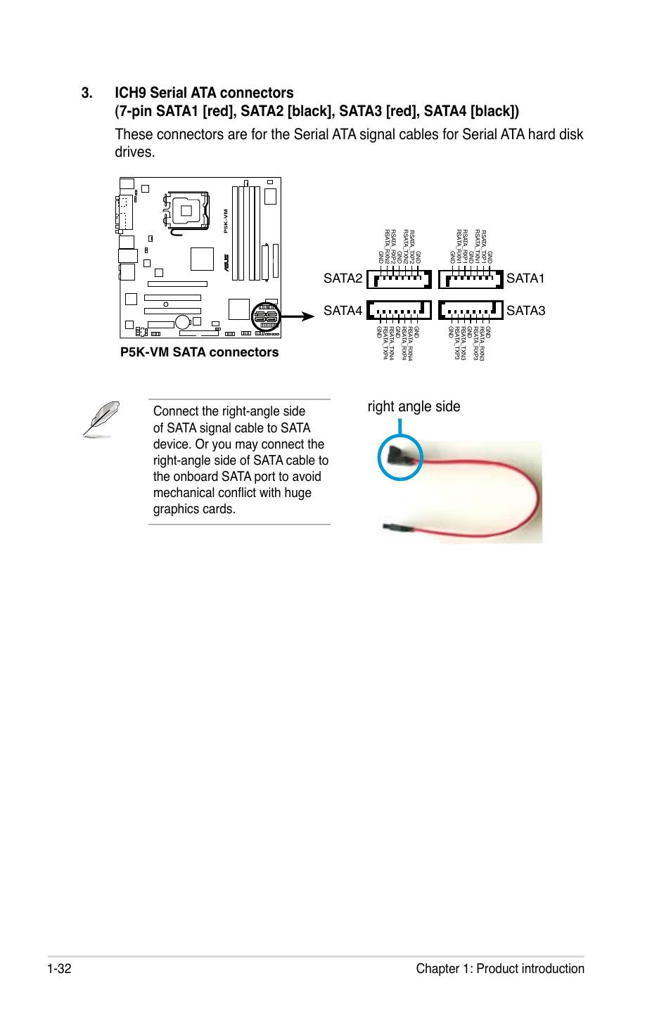 Right angle side, 32 chapter 1: product introduction, P5k-vm sata connectors sata2 | Sata4, Sata1 sata3 | Asus P5K-VM User Manual | Page 44 / 98