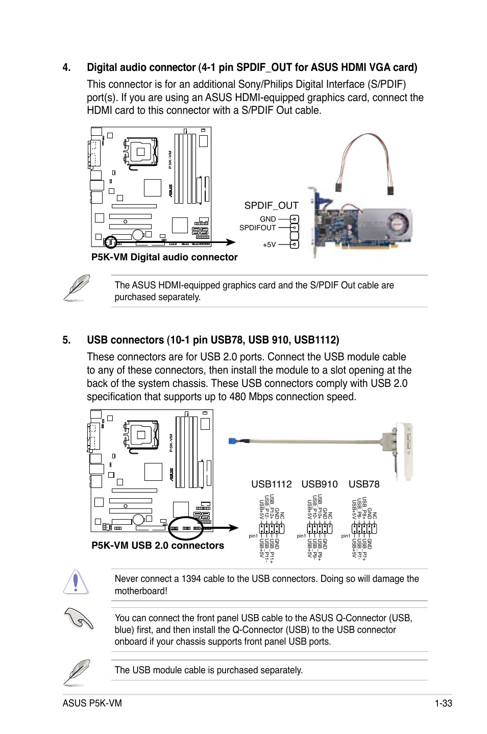 Asus p5k-vm 1-33, Usb910, Usb78 | P5k-vm digital audio connector, Spdif_out | Asus P5K-VM User Manual | Page 45 / 98