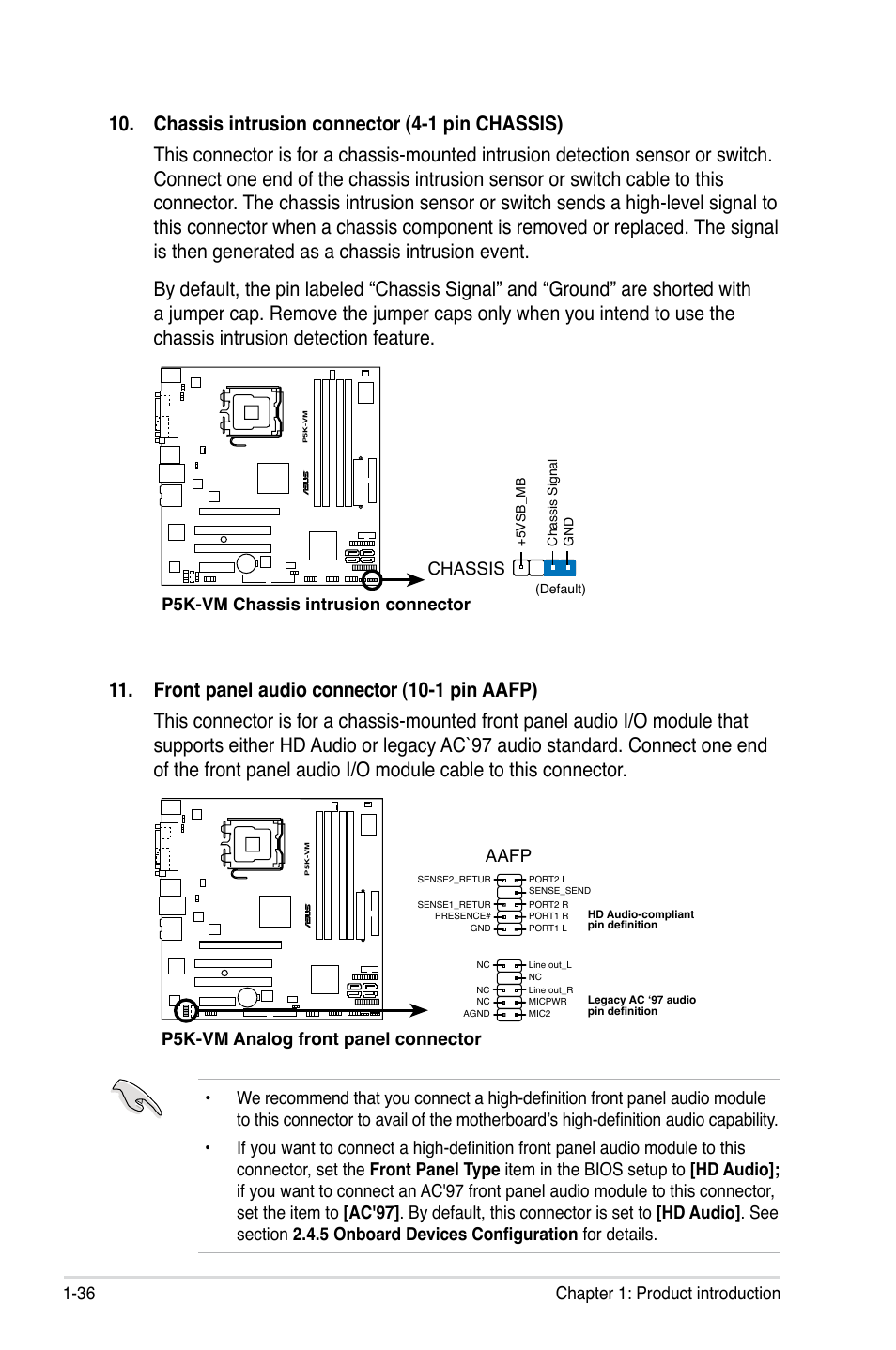 36 chapter 1: product introduction, P5k-vm chassis intrusion connector chassis, P5k-vm analog front panel connector aafp | Asus P5K-VM User Manual | Page 48 / 98