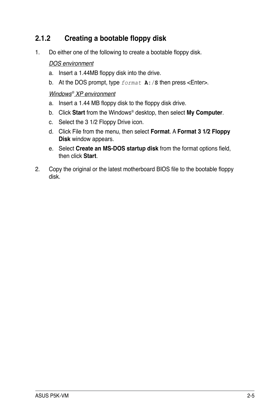 2 creating a bootable floppy disk | Asus P5K-VM User Manual | Page 57 / 98