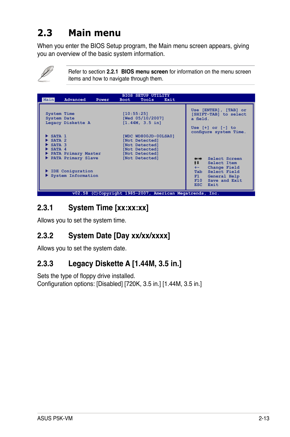 3 main menu, 1 system time [xx:xx:xx, Allows you to set the system time | Allows you to set the system date | Asus P5K-VM User Manual | Page 65 / 98