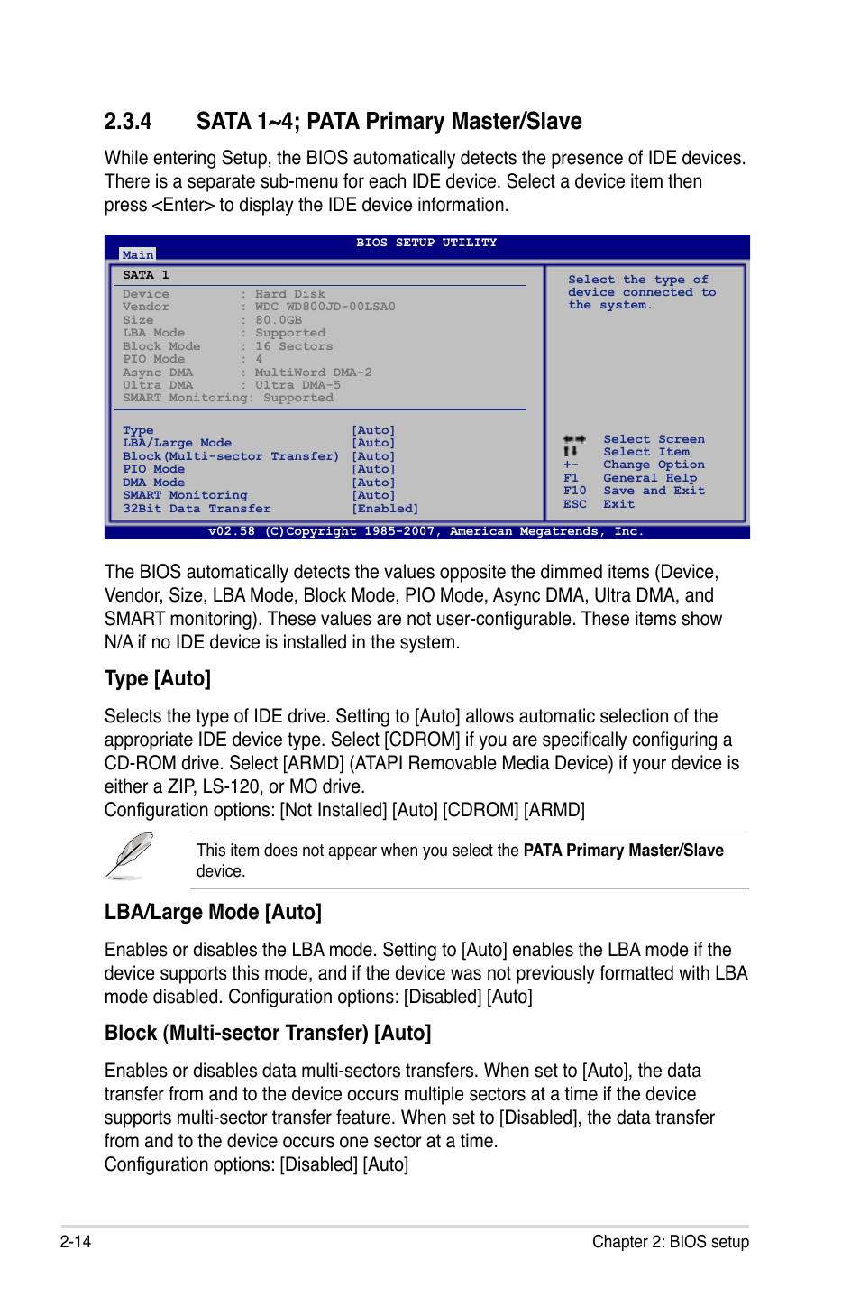 4 sata 1~4; pata primary master/slave, Type [auto, Lba/large mode [auto | Block (multi-sector transfer) [auto | Asus P5K-VM User Manual | Page 66 / 98