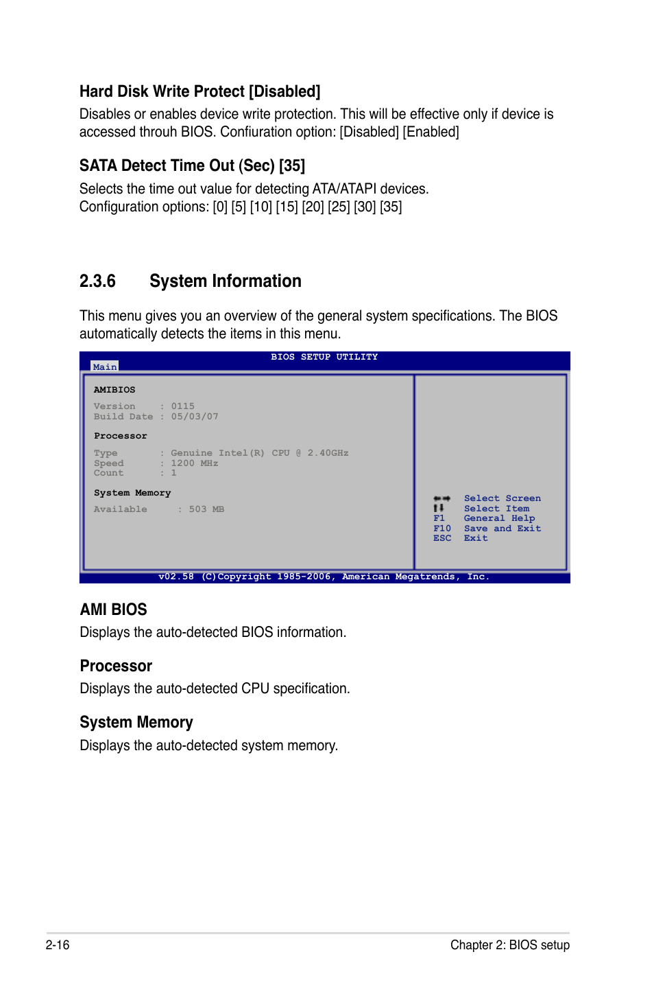 6 system information, Ami bios, Processor | Hard disk write protect [disabled, Sata detect time out (sec) [35 | Asus P5K-VM User Manual | Page 68 / 98