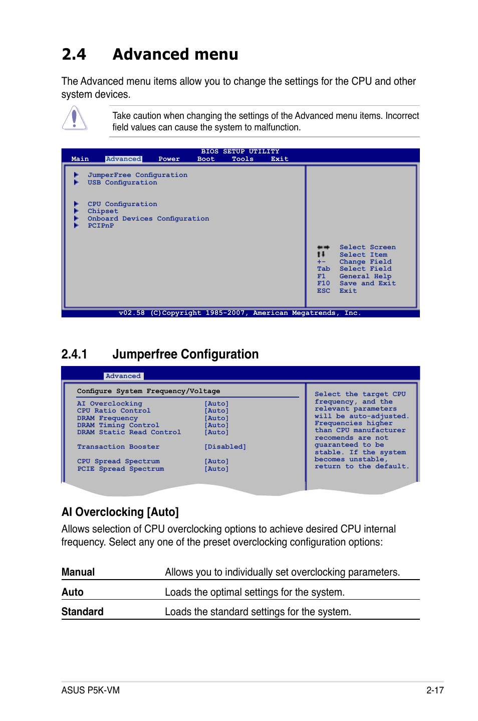 4 advanced menu, 1 jumperfree configuration, Ai overclocking [auto | Asus P5K-VM User Manual | Page 69 / 98