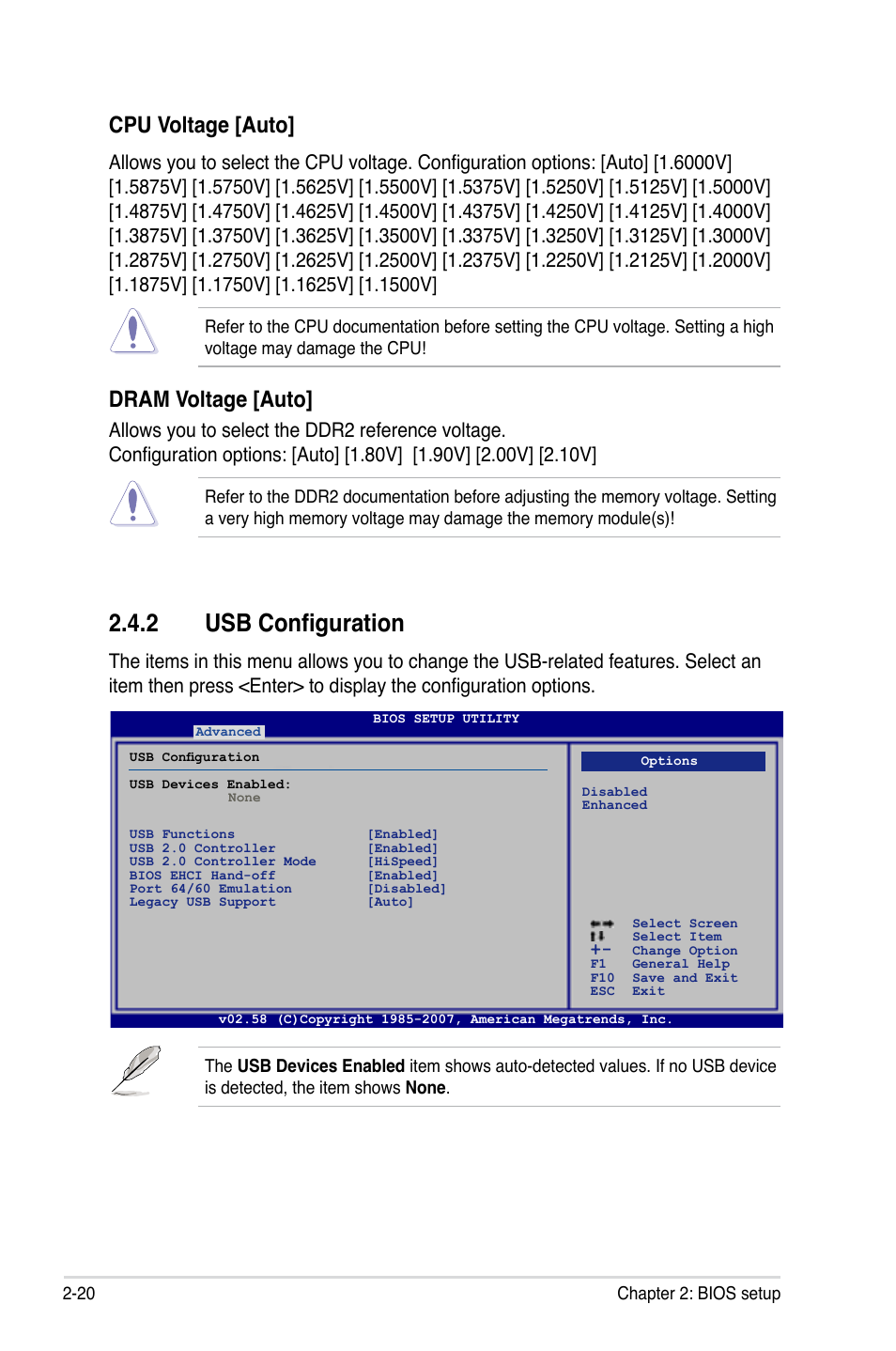 2 usb configuration, Cpu voltage [auto, Dram voltage [auto | Asus P5K-VM User Manual | Page 72 / 98