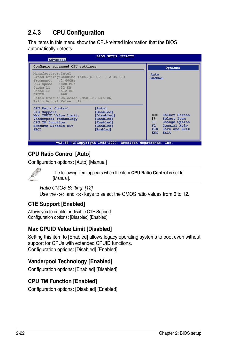 3 cpu configuration, Cpu ratio control [auto, C1e support [enabled | Max cpuid value limit [disabled, Vanderpool technology [enabled, Cpu tm function [enabled, Configuration options: [auto] [manual, Configuration options: [enabled] [disabled, Configuration options: [disabled] [enabled | Asus P5K-VM User Manual | Page 74 / 98