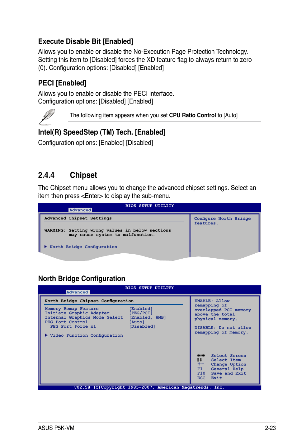 4 chipset, Execute disable bit [enabled, Peci [enabled | Intel(r) speedstep (tm) tech. [enabled, North bridge configuration, Configuration options: [enabled] [disabled | Asus P5K-VM User Manual | Page 75 / 98