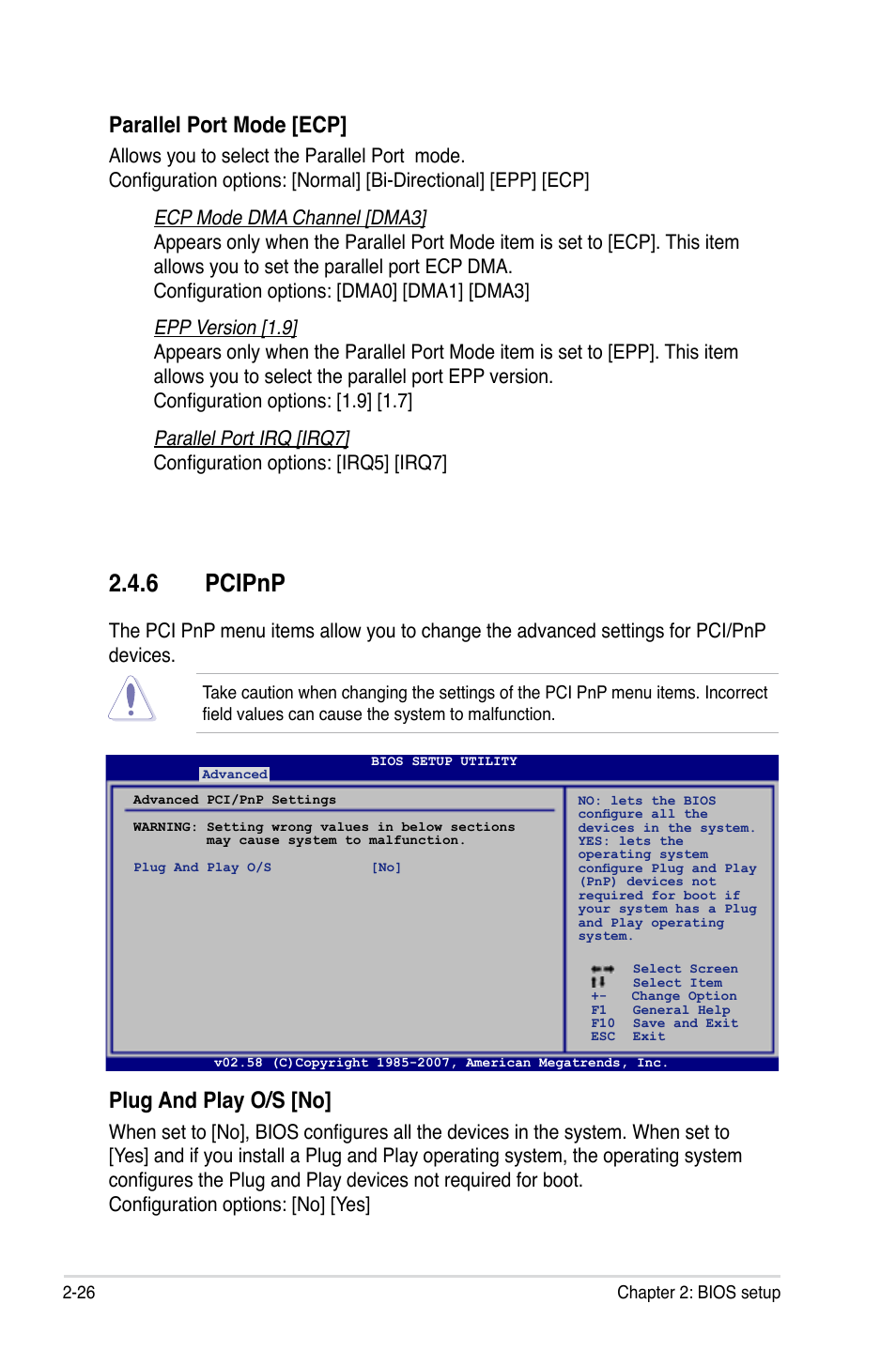 6 pcipnp, Parallel port mode [ecp, Plug and play o/s [no | Asus P5K-VM User Manual | Page 78 / 98