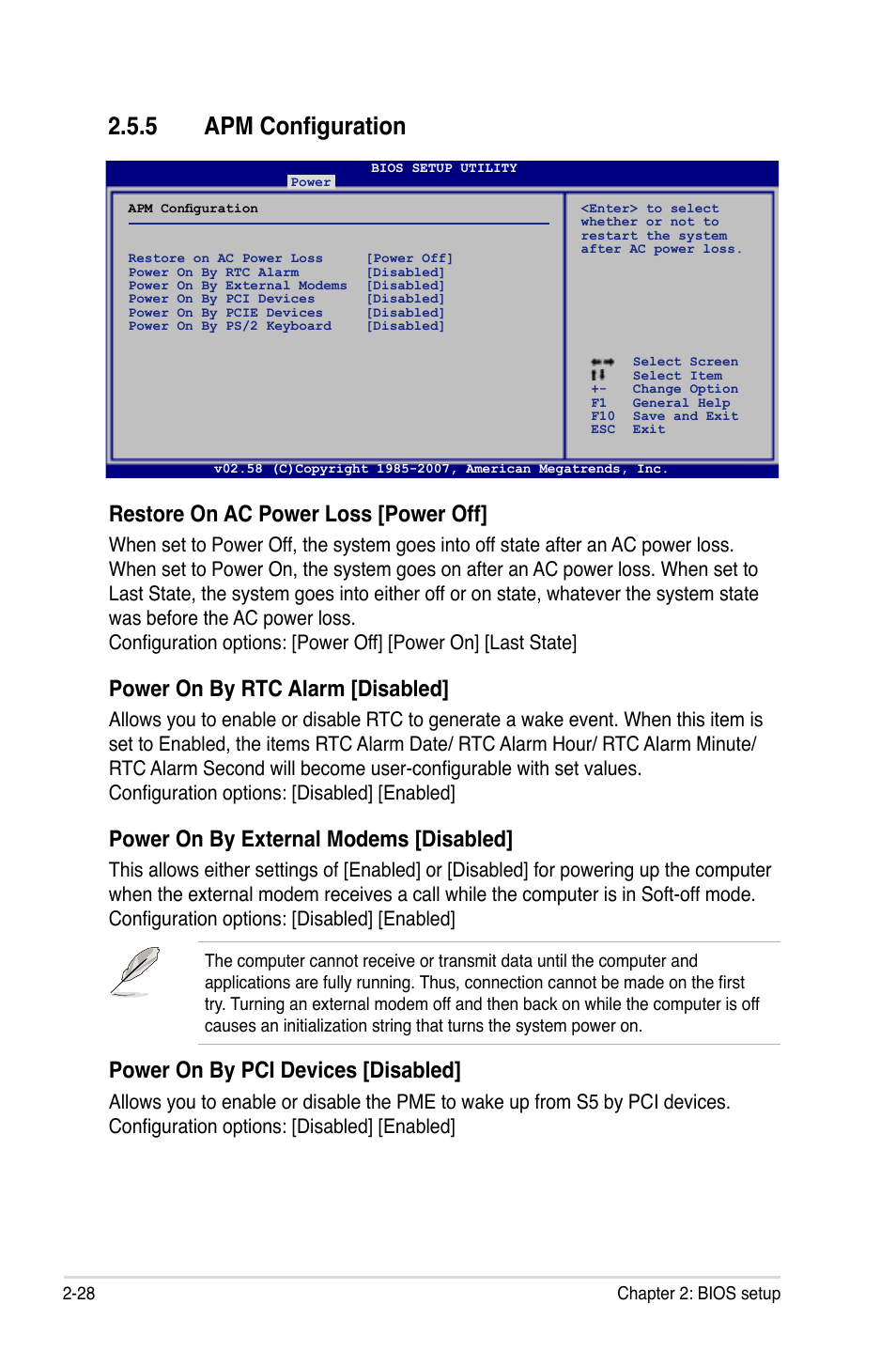 5 apm configuration, Restore on ac power loss [power off, Power on by rtc alarm [disabled | Power on by external modems [disabled, Power on by pci devices [disabled | Asus P5K-VM User Manual | Page 80 / 98