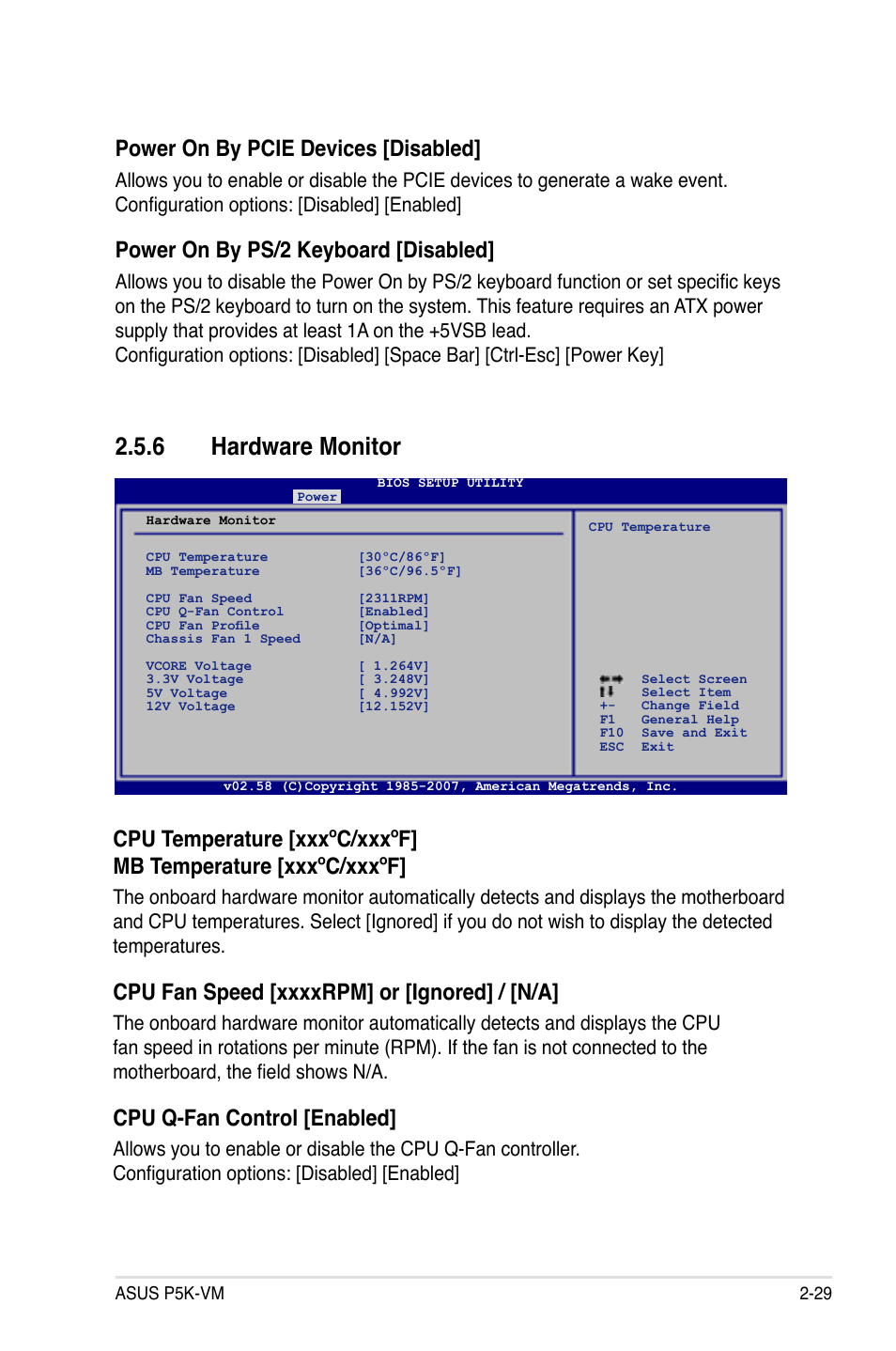 6 hardware monitor, Cpu q-fan control [enabled, Power on by pcie devices [disabled | Power on by ps/2 keyboard [disabled | Asus P5K-VM User Manual | Page 81 / 98