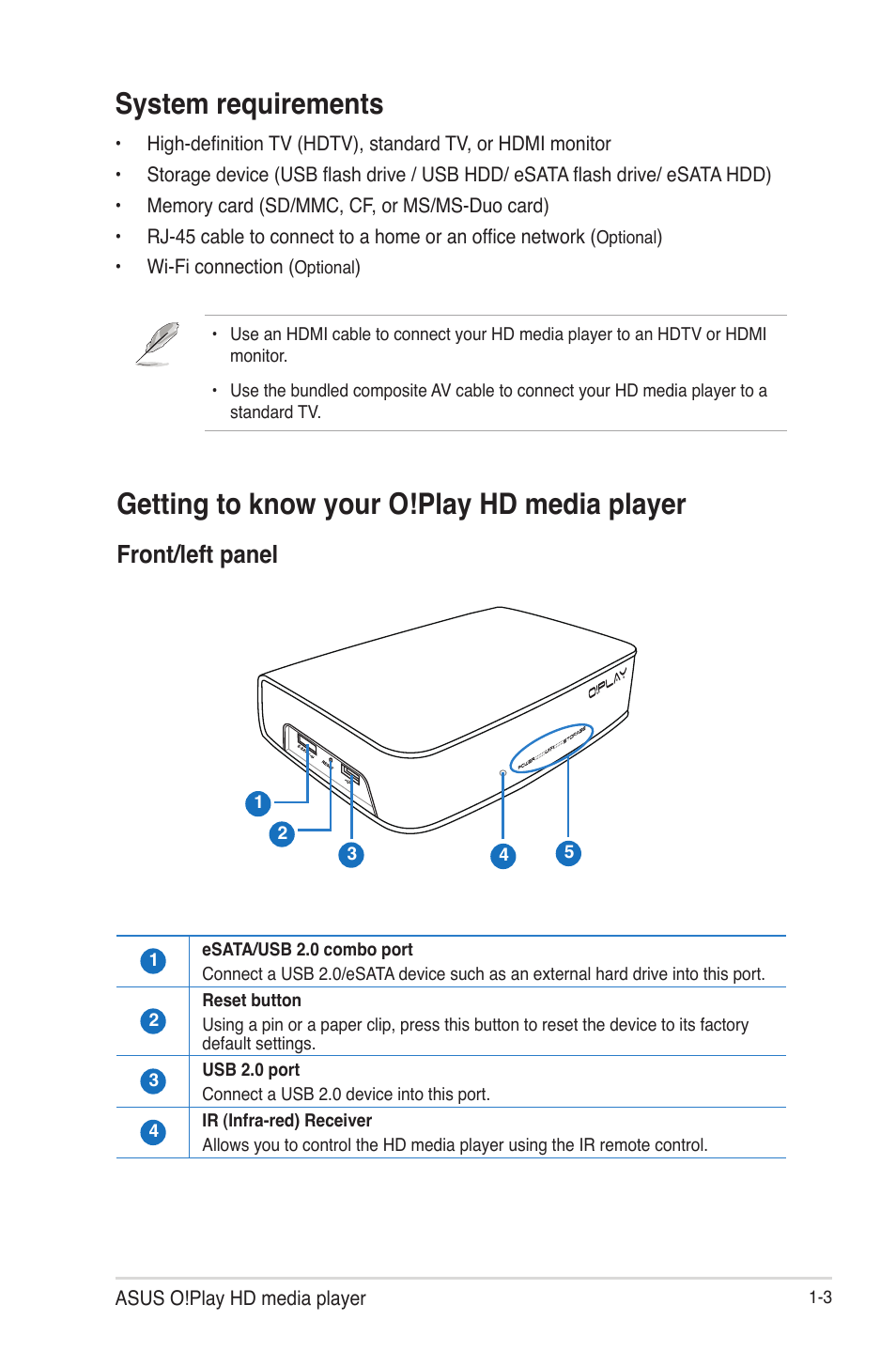 System requirements, Getting to know your o!play hd media player, Front/left panel | Front/left panel -3 | Asus HDP-R3 User Manual | Page 10 / 49