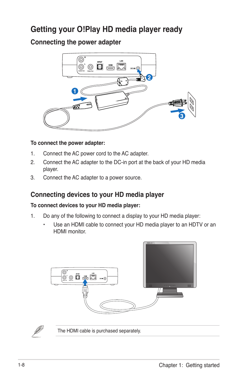 Getting your o!play hd media player ready, Connecting the power adapter, Connecting devices to your hd media player | Getting your o!play hd media player ready -8 | Asus HDP-R3 User Manual | Page 15 / 49