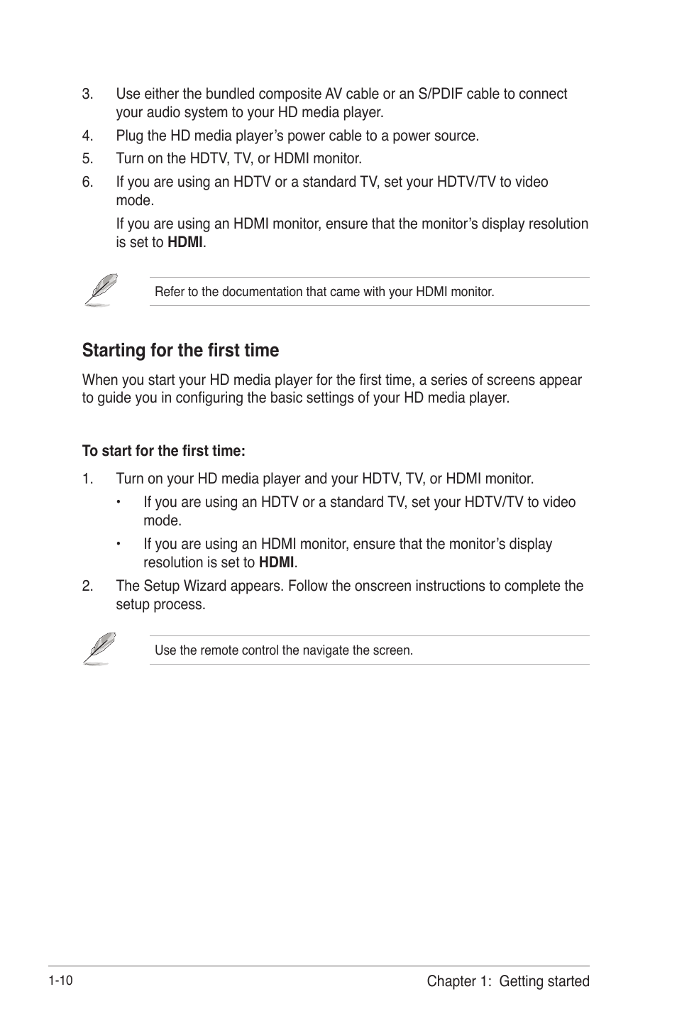 Starting for the first time, Starting for the first time -10 | Asus HDP-R3 User Manual | Page 17 / 49