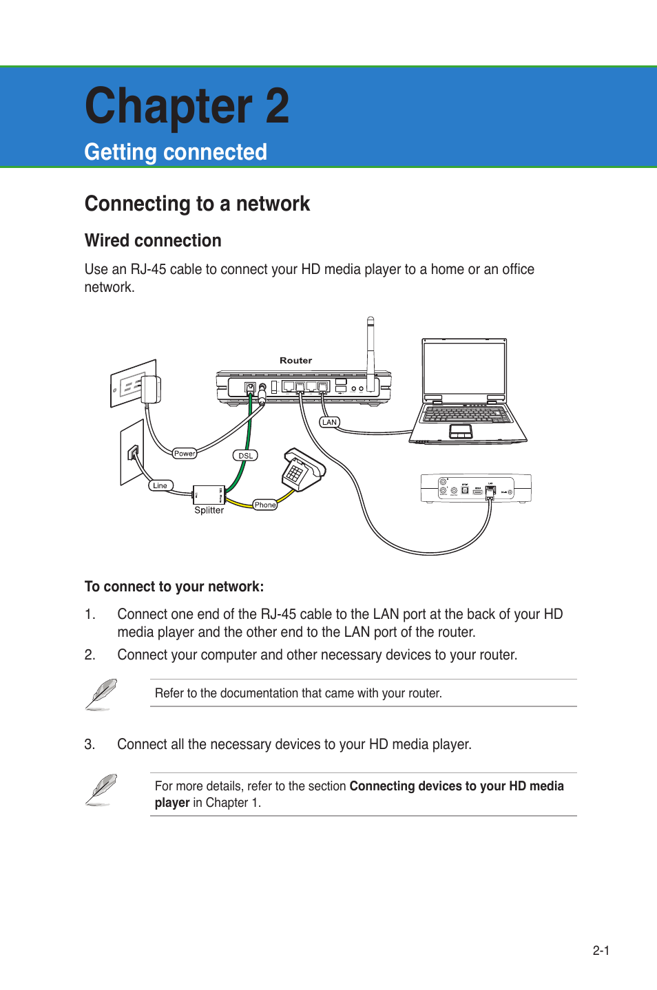 Chapter 2: getting connected, Connecting to a network, Wired connection | Getting connected, Connecting to a network -1, Wired connection -1, Chapter 2 | Asus HDP-R3 User Manual | Page 18 / 49