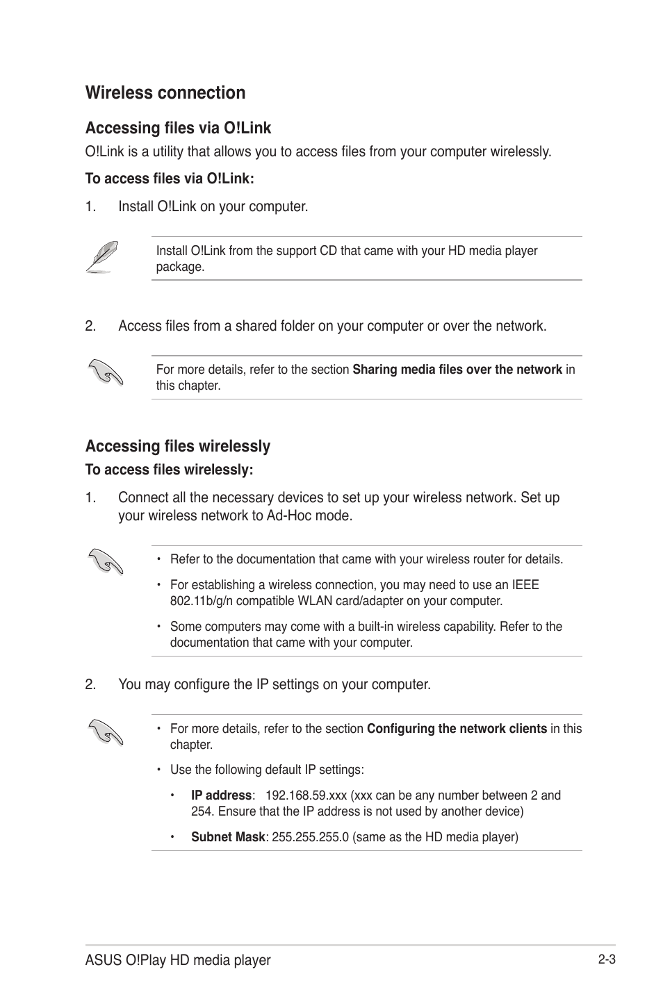 Wireless connection, Wireless connection -3, Accessing files via o!link | Accessing files wirelessly | Asus HDP-R3 User Manual | Page 20 / 49