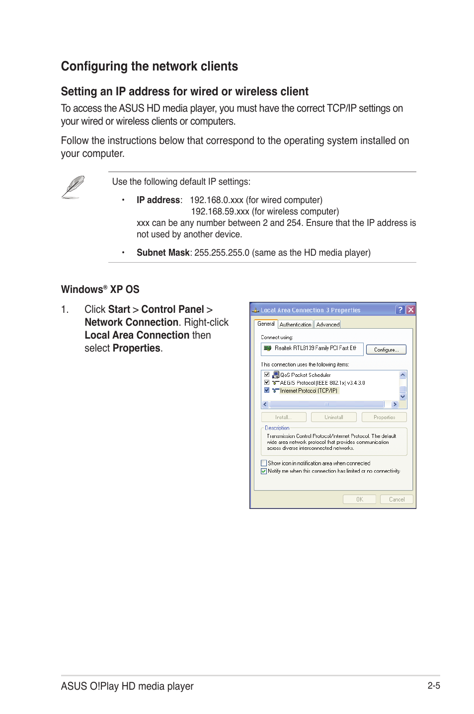 Configuring the network clients, Configuring the network clients -5, Setting an ip address for wired or wireless client | Asus HDP-R3 User Manual | Page 22 / 49