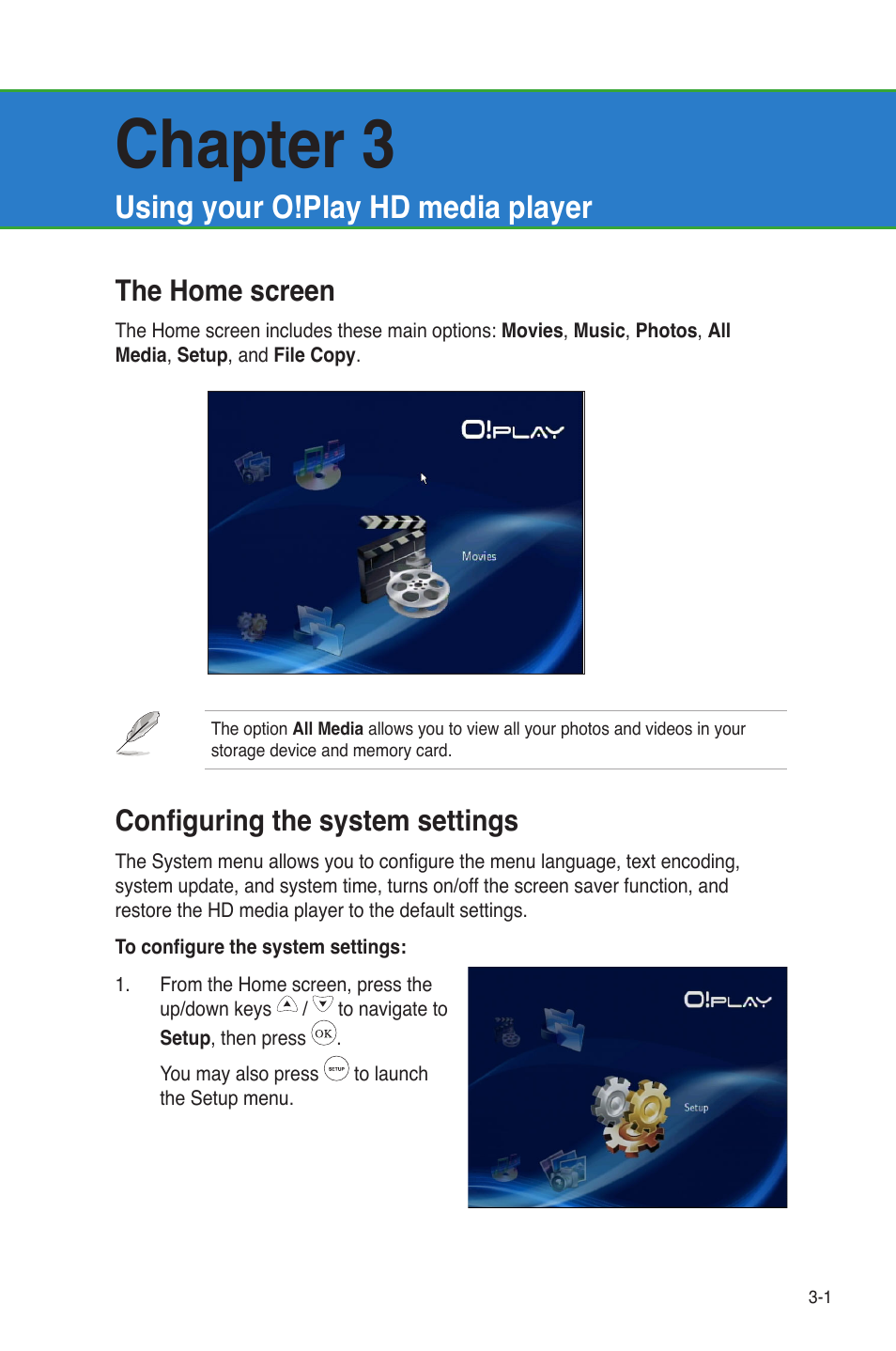 Chapter 3: using your o!play hd media player, The home screen, Configuring the system settings | Using your o!play hd media player, Chapter 3 | Asus HDP-R3 User Manual | Page 27 / 49