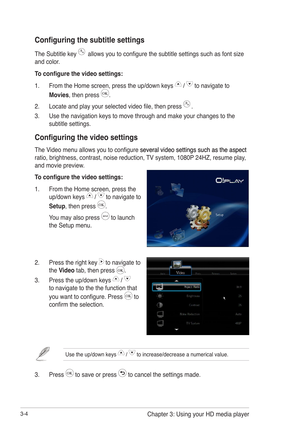 Configuring the subtitle settings, Configuring the video settings | Asus HDP-R3 User Manual | Page 30 / 49