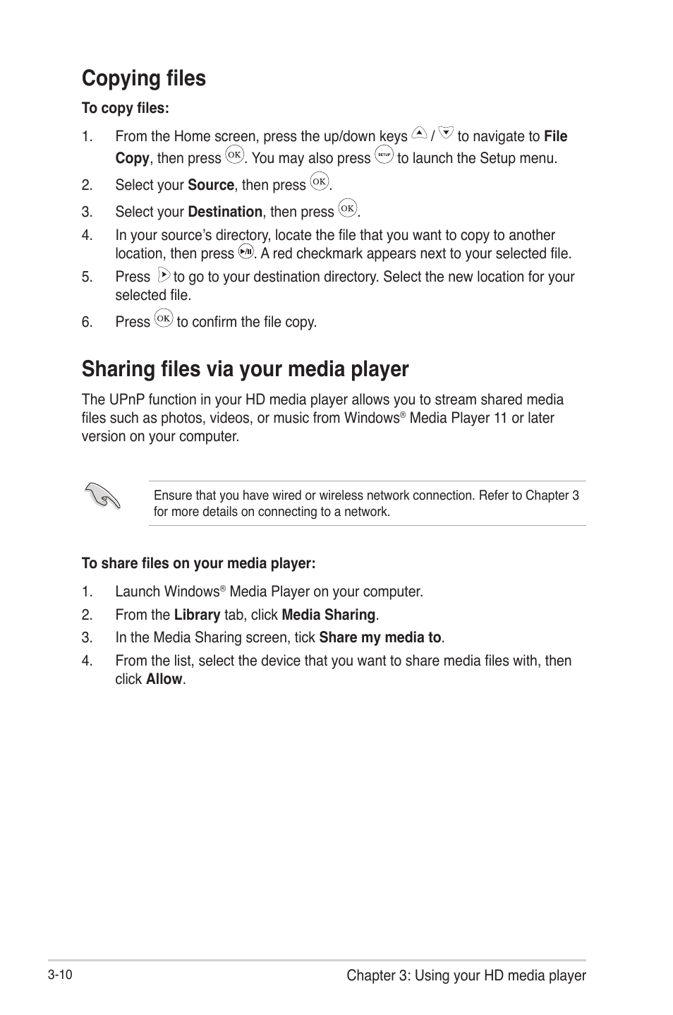 Copying files, Sharing files via your media player | Asus HDP-R3 User Manual | Page 36 / 49