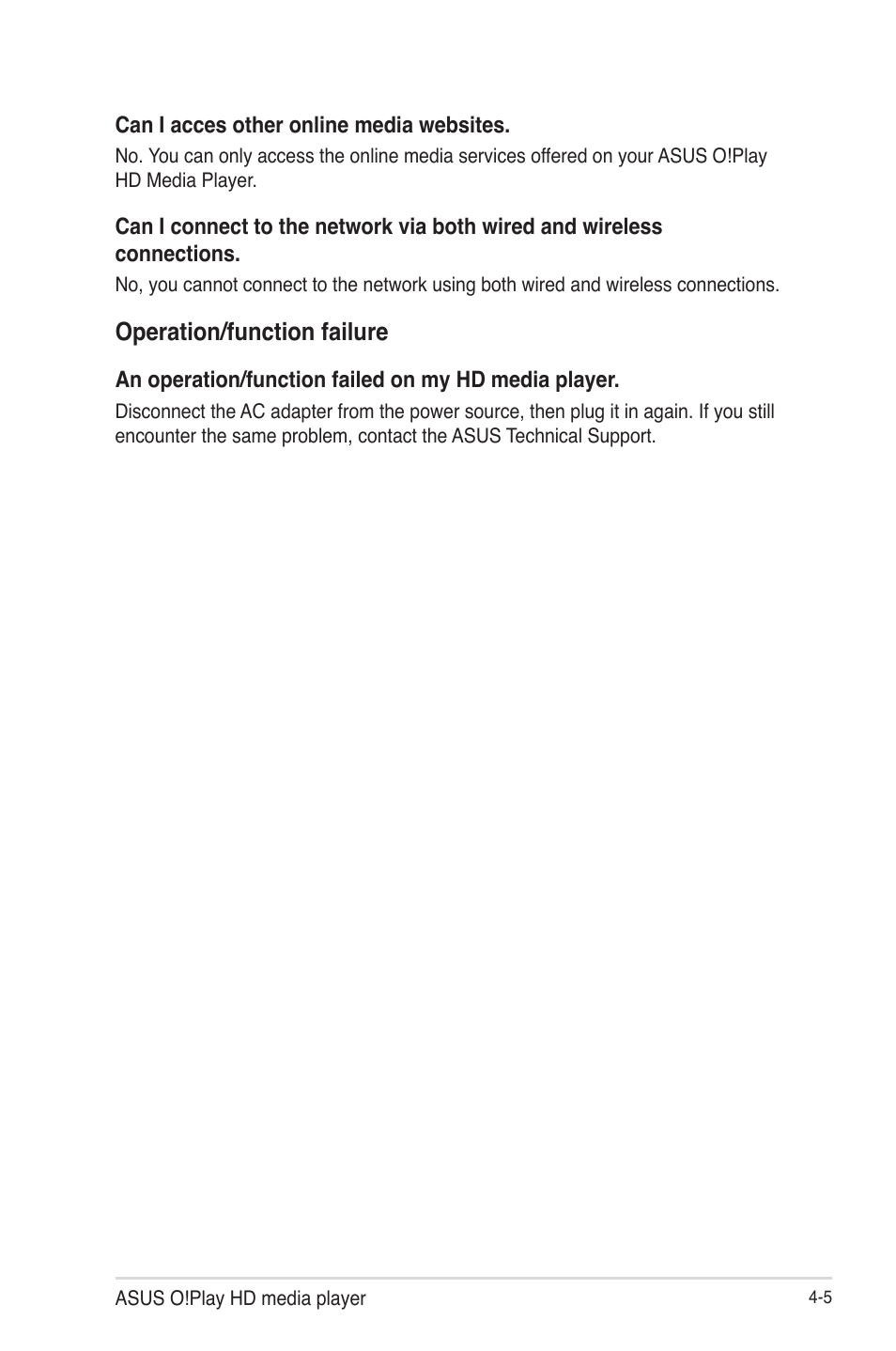 Operation/function failure, Operation/function failure -5 | Asus HDP-R3 User Manual | Page 41 / 49