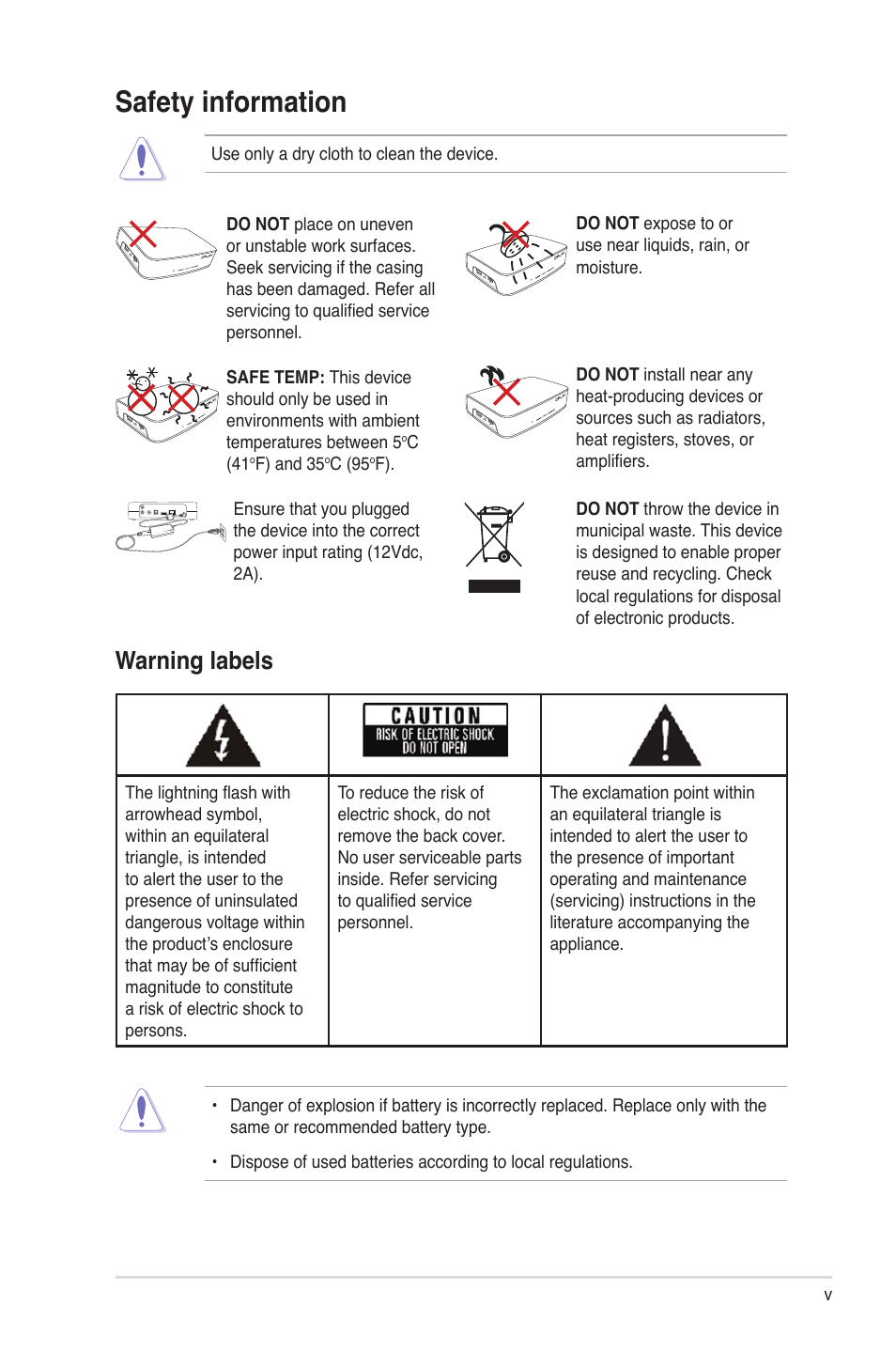 Safety information, Warning labels | Asus HDP-R3 User Manual | Page 5 / 49