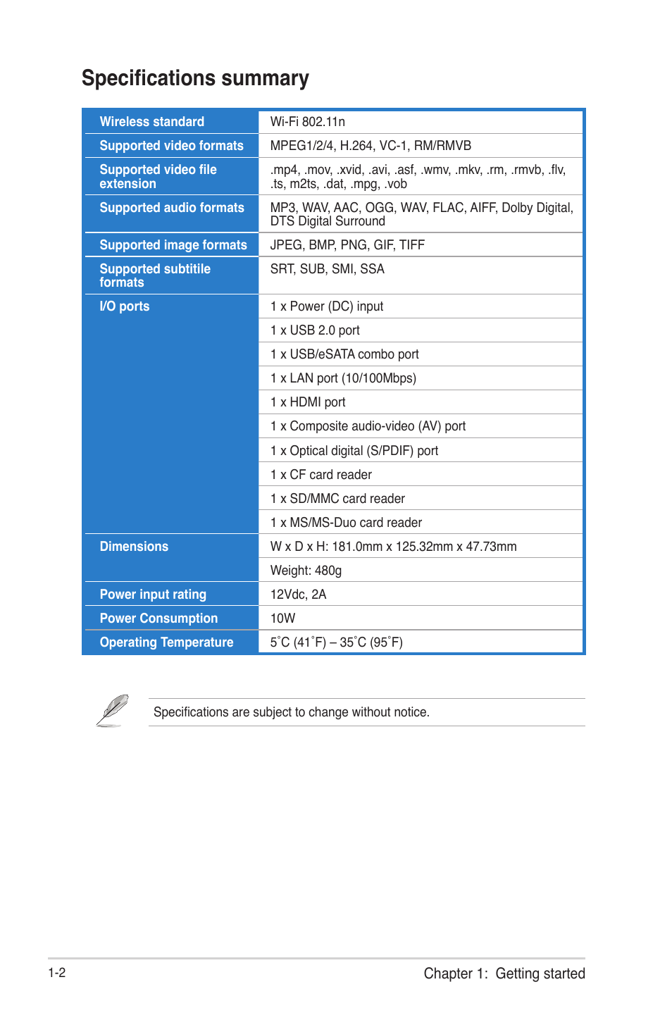 Specifications summary, Specifications summary -2 | Asus HDP-R3 User Manual | Page 9 / 49