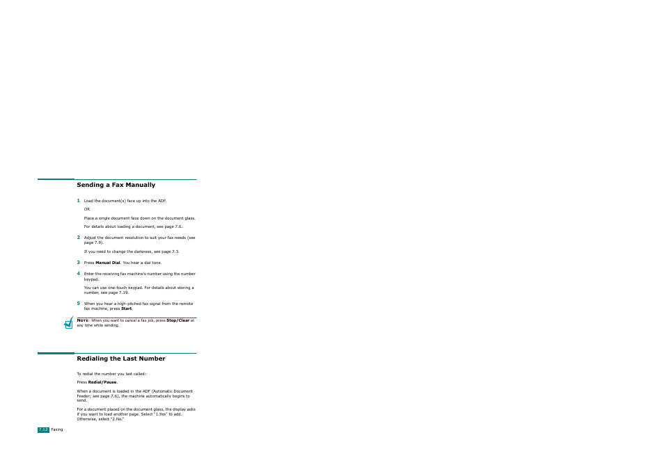 Sending a fax manually, Redialing the last number, Sending a fax manually redialing the last number | Xerox WorkCentre PE120-120i-3124 User Manual | Page 138 / 283