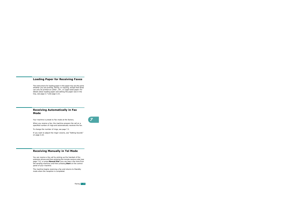 Loading paper for receiving faxes, Receiving automatically in fax mode, Receiving manually in tel mode | Xerox WorkCentre PE120-120i-3124 User Manual | Page 141 / 283