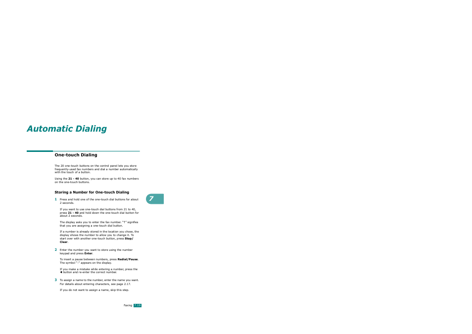 One-touch dialing, Storing a number for one-touch dialing, Automatic dialing | Xerox WorkCentre PE120-120i-3124 User Manual | Page 145 / 283