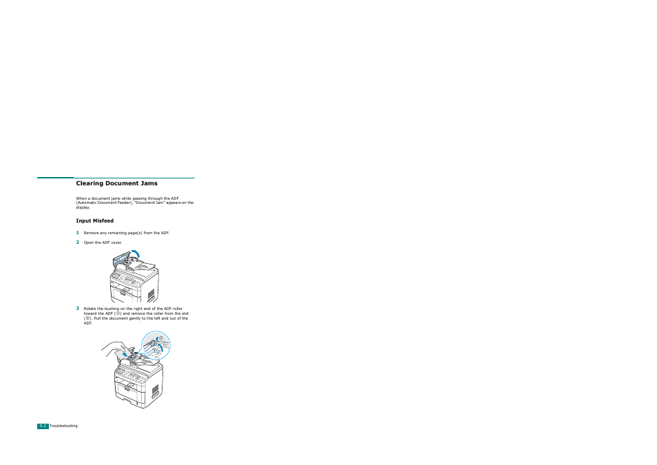 Clearing document jams, Input misfeed | Xerox WorkCentre PE120-120i-3124 User Manual | Page 182 / 283