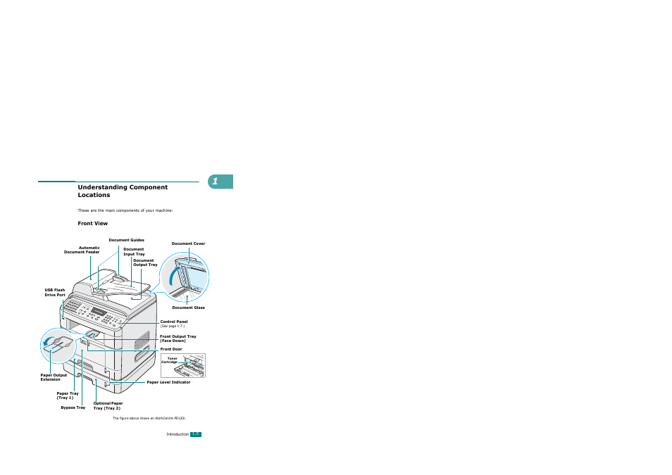 Understanding component locations, Front view | Xerox WorkCentre PE120-120i-3124 User Manual | Page 23 / 283