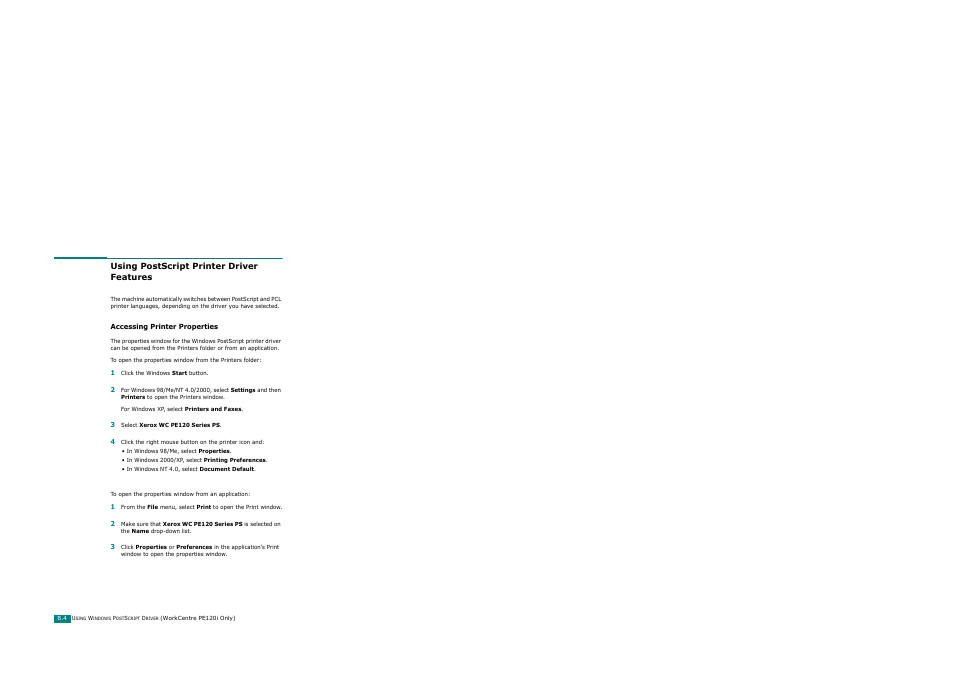 Using postscript printer driver features, Accessing printer properties | Xerox WorkCentre PE120-120i-3124 User Manual | Page 248 / 283