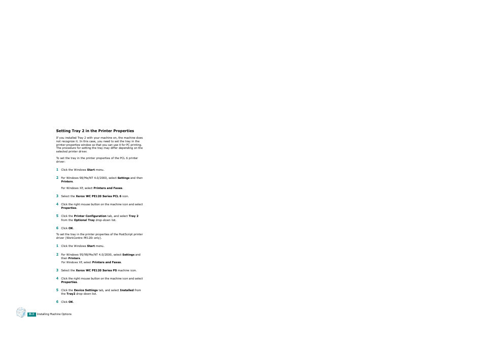 Setting tray 2 in the printer properties | Xerox WorkCentre PE120-120i-3124 User Manual | Page 268 / 283