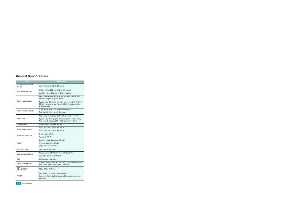 General specifications | Xerox WorkCentre PE120-120i-3124 User Manual | Page 270 / 283