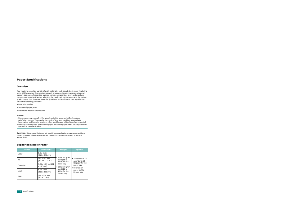 Paper specifications, Overview, Supported sizes of paper | See “paper, See “paper specifications | Xerox WorkCentre PE120-120i-3124 User Manual | Page 274 / 283