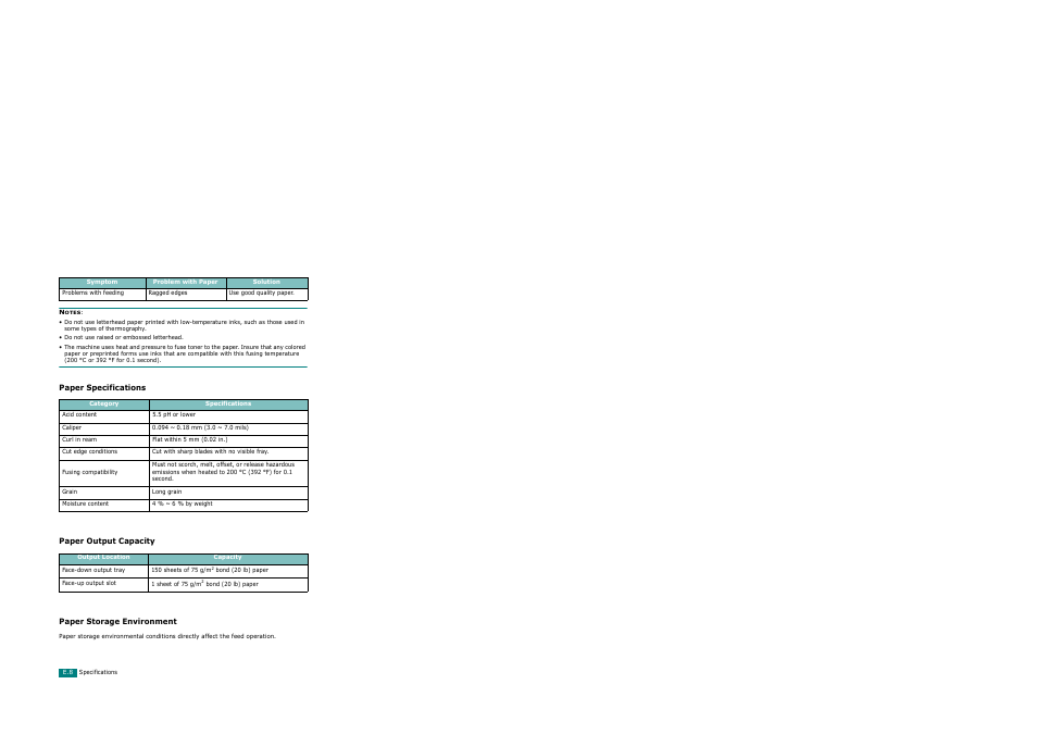 Paper specifications, Paper output capacity, Paper storage environment | Xerox WorkCentre PE120-120i-3124 User Manual | Page 276 / 283