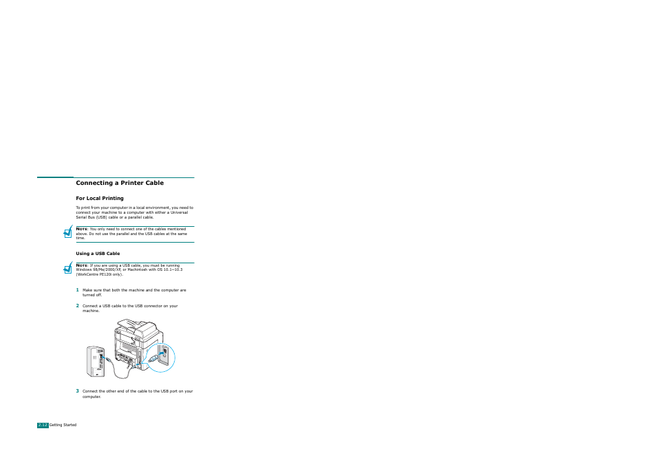 Connecting a printer cable, For local printing | Xerox WorkCentre PE120-120i-3124 User Manual | Page 38 / 283