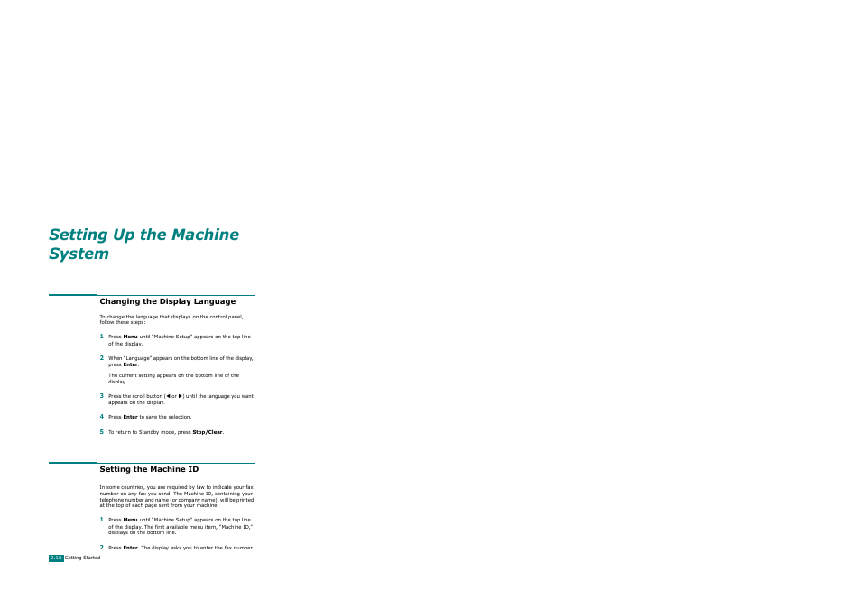 Changing the display language, Setting the machine id, Setting up the machine system | Xerox WorkCentre PE120-120i-3124 User Manual | Page 42 / 283