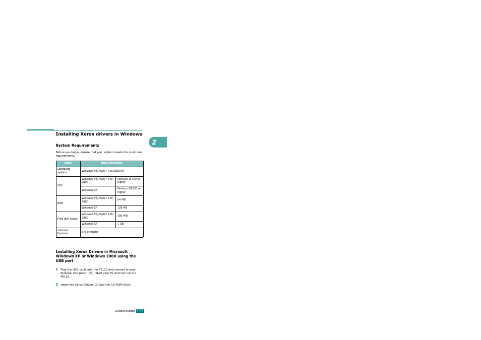 Installing xerox drivers in windows, System requirements, Or windows 2000 using the usb port | Xerox WorkCentre PE120-120i-3124 User Manual | Page 55 / 283