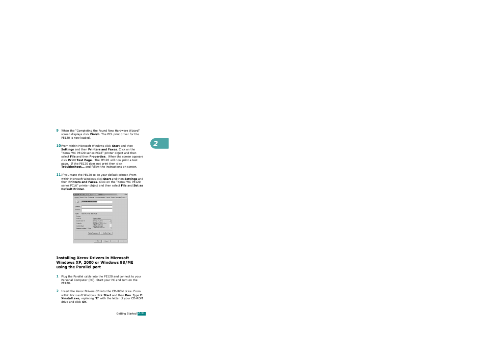 Installing xerox drivers in microsoft windows xp, 2000 or windows 98/me using the parallel port | Xerox WorkCentre PE120-120i-3124 User Manual | Page 57 / 283