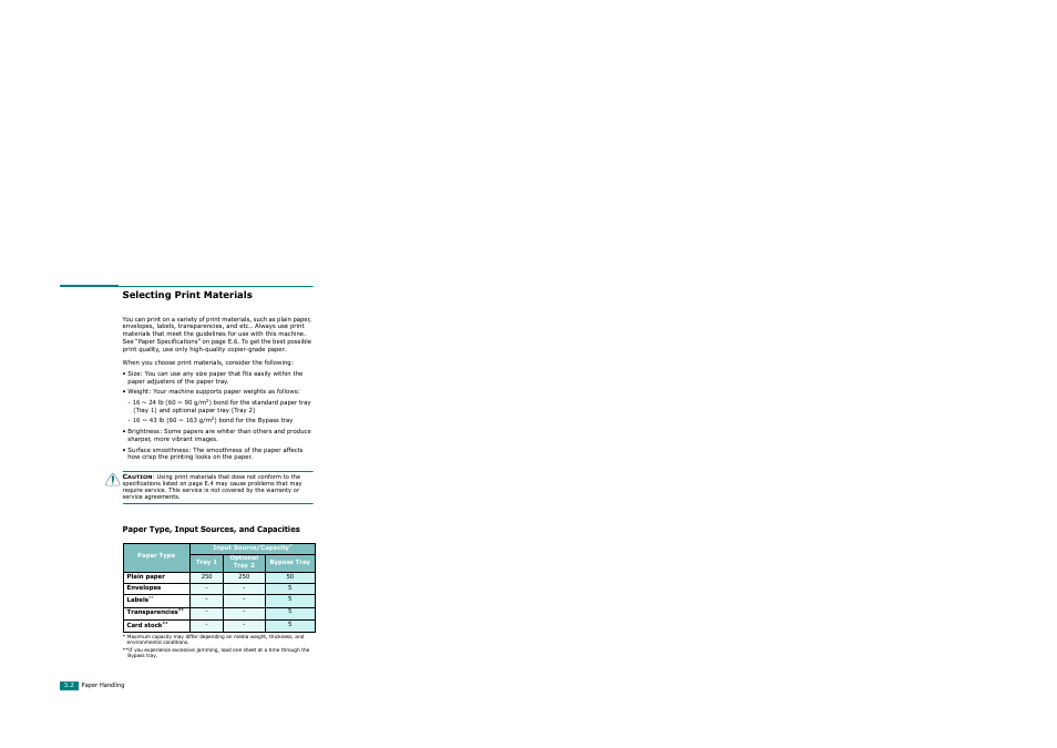 Selecting print materials, Paper type, input sources, and capacities | Xerox WorkCentre PE120-120i-3124 User Manual | Page 68 / 283