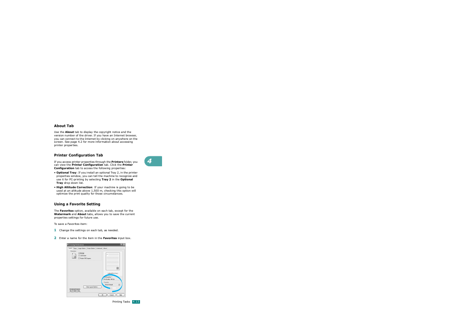 About tab, Printer configuration tab, Using a favorite setting | Printer configuration tab using a favorite setting | Xerox WorkCentre PE120-120i-3124 User Manual | Page 91 / 283