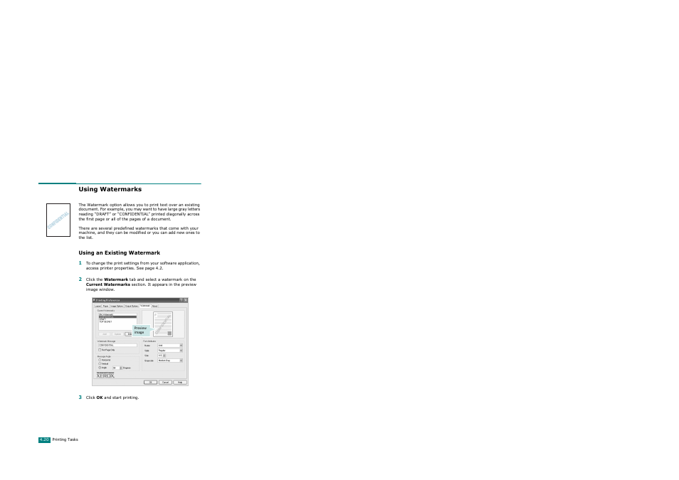 Using watermarks, Using an existing watermark | Xerox WorkCentre PE120-120i-3124 User Manual | Page 98 / 283