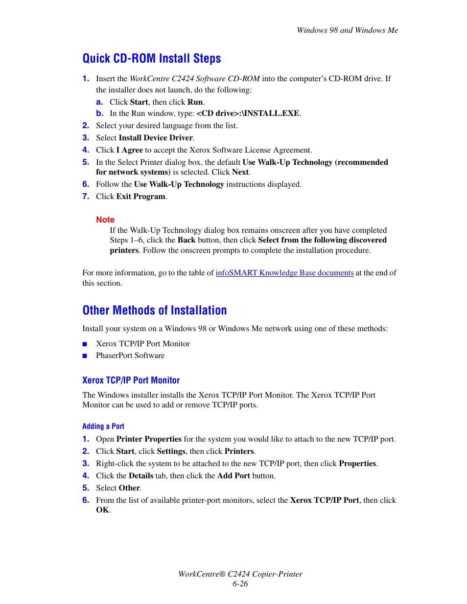 Quick cd-rom install steps, Other methods of installation | Xerox WorkCentre C2424-5984 User Manual | Page 26 / 43
